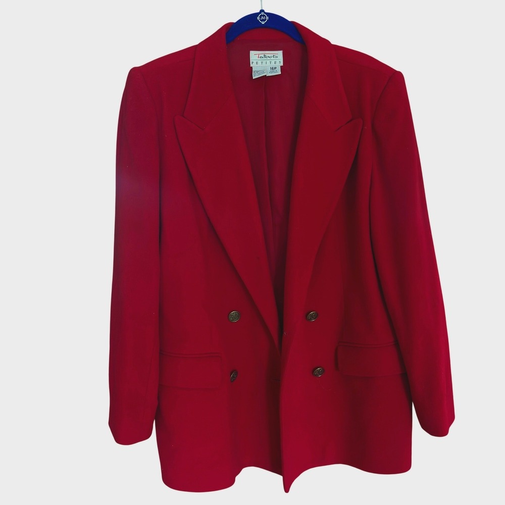 Talbots Red Wool Cashmere Double Breasted Blazer Crest‎ Button Old Money 16P